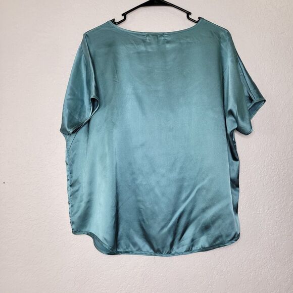 BB Dakota Teal Satin Silky Short Sleeve Chest Pocket Lounge Boxy Top Size Large - Picture 7 of 7